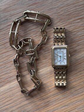 Fossil Gold Tone Rectangular Link Watch with Mother-of-Pearl Dial